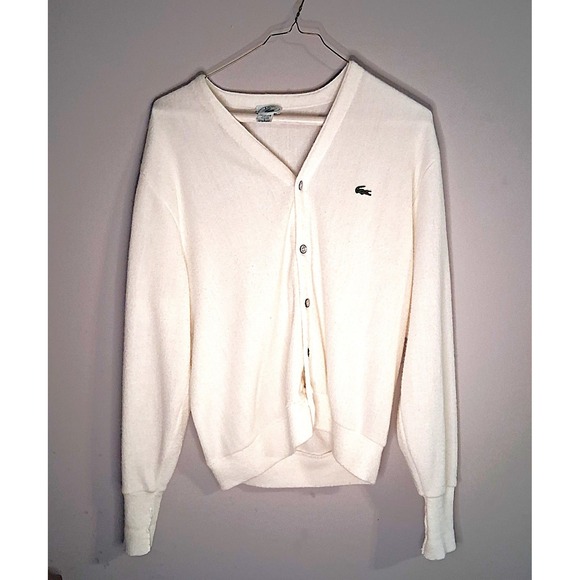 Izod Lacoste Other - Izod Lacoste Cardigan Mens L White Vintage Preppy V-Neck Knit Sweater Logo 80s